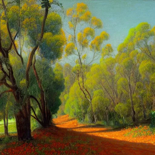 Image similar to a painting of a dirt road surrounded by eucalyptus trees and california golden poppies, woodland hill in the distance. an oil painting by Julian Onderdonk, green orange violet triadic color palette, featured on deviantart, australian tonalism, pre-raphaelite, impressionism, detailed painting