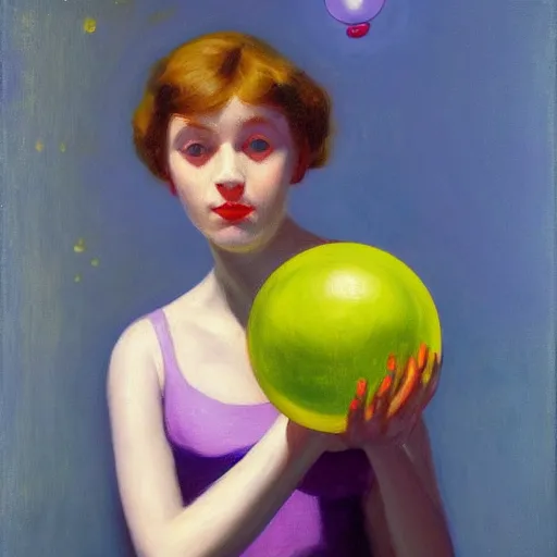 Image similar to a girl with three eyes on 5 translucent luminous spheres, full of floral and berry fillings, in an ocean of lavender color by edward hopper