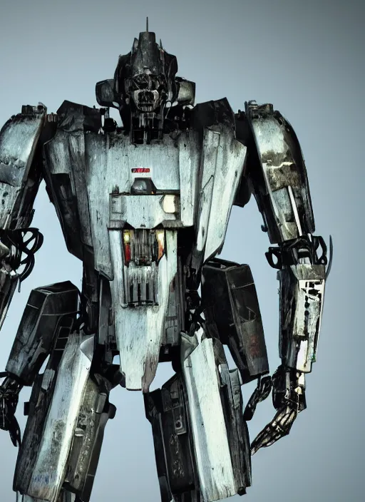 Image similar to mecha wearing black torn cloak cloth exposing chrome internals wiring harness armored damaged. creepy decay style of Roger Deakins Jeremy Saulnier Newton Thomas Sigel Robert Elswit Greig Fraser trending rtx on ue4