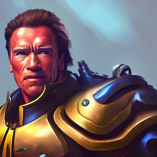 Image similar to a screenshot of arnold schwarzenegger as reinhardtin overwatch, portrait, fantasy, beautiful face, vivid colors, elegant, concept art, sharp focus, digital art, hyper - realistic, 4 k, unreal engine, highly detailed, hd, dramatic lighting by brom, trending on artstation