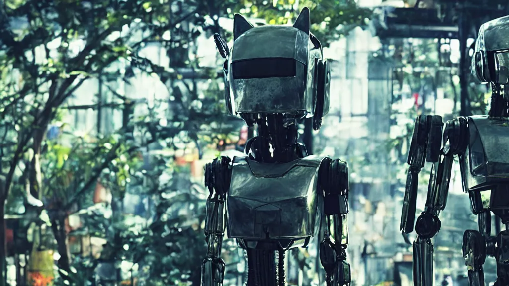 Prompt: film still from the movie chappie of the robot chappie shiny metal outdoor park plants scene bokeh depth of field furry anthro anthropomorphic stylized cat ears head android service droid robot machine fursona