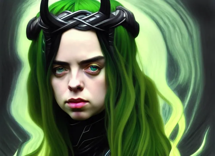 Prompt: Billie Eilish as Female Loki, very detailed, digital art, trending on artstation, concept art, smooth, illustration, art by artgerm and greg rutkowski and alphonse mucha and J. C. Leyendecker and Edmund Blair Leighton and Katsuhiro Otomo and Geof Darrow and Phil hale and Ashley wood