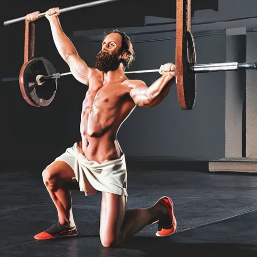 Image similar to jesus lifting weights while impressing women, hyper realistic, 4k, photograph