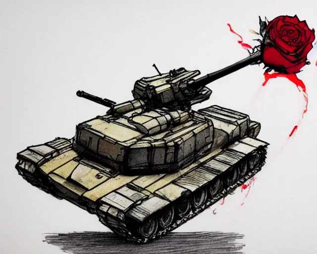 Prompt: Yoji Shinkawa's 'real life M1 Abrams Tank with red rose poking out of the barrel', ink and colours on silk, trending on pixiv, action shot, closeup, monochrome, watercolour, high saturation