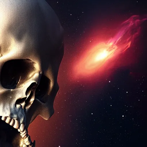 Prompt: dramatic render of a cracking skull flying through a space nebula, cgsociety, artstation, 4k