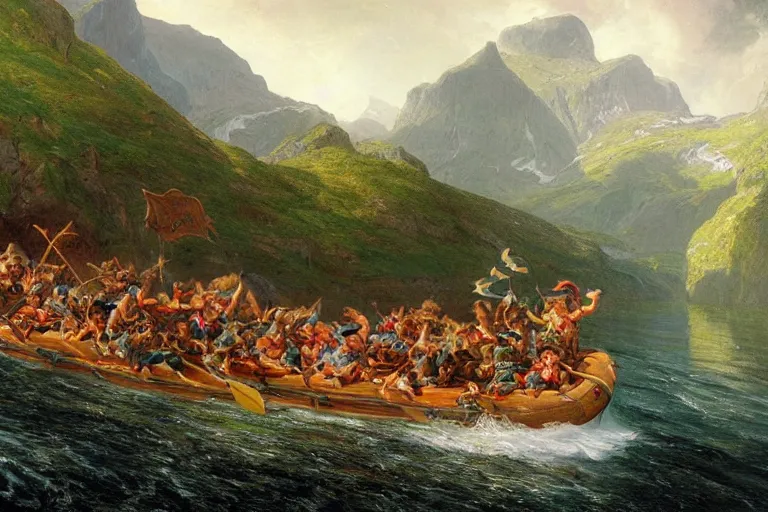 Prompt: a group of green goblins riding on a raft in a norwegian fjord by justin gerard by thomas cole