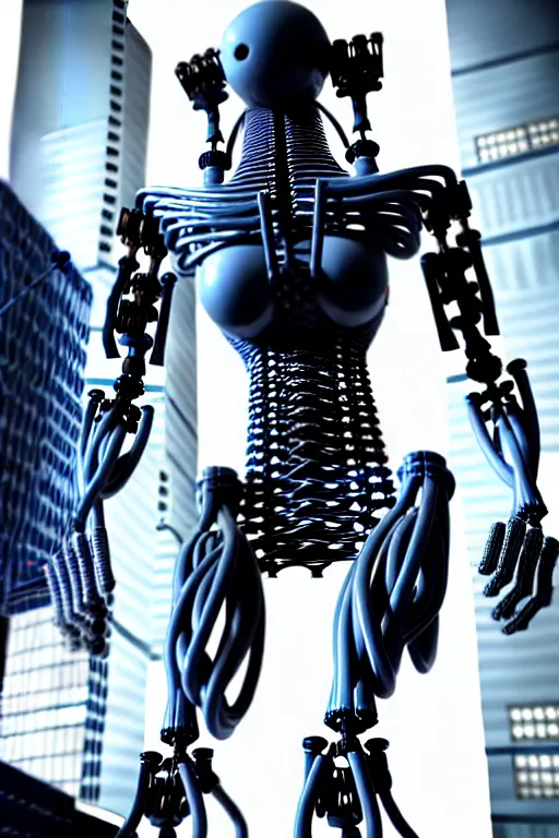 Image similar to photograph of a beautiful, bulky biomechanical creature that has a humanoid face, cinematic, realistic, hyperdetailed, futuristic, cyberpunk