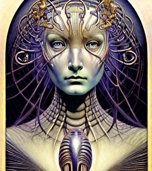Prompt: detailed realistic beautiful young cher alien robot as queen of mars face portrait by jean delville, gustave dore and marco mazzoni, art nouveau, symbolist, visionary, gothic, pre - raphaelite. horizontal symmetry by zdzisław beksinski, iris van herpen, raymond swanland and alphonse mucha. highly detailed, hyper - real, beautiful