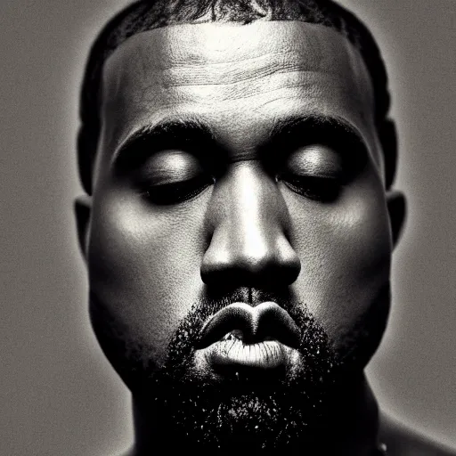 Prompt: a chiaroscuro lighting portrait of kanye west dressed in rick owens clothing, black background, portrait by julia margaret cameron, shallow depth of field, 8 0 mm, f 1. 8