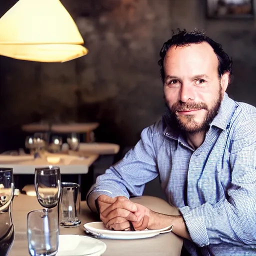 Prompt: photo from the year 1 9 9 0 of a frenchman from france seated in a restaurant. 5 0 mm, studio lighting