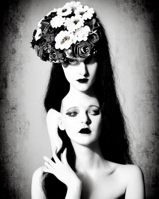 Image similar to a black and white high quality dreamy photo of a young beautiful female queen-pale dragon-vegetal-many big steampunk flowers-cyborg bust with a very long neck, elegant, highly detailed, poetic, soft, dreamy, mysterious, high fashion, rim light, in the style of Ellen von Unwerth, Realistic, Refined, Digital Art, Highly Detailed, Cinematic Lighting, rim light, black and white, photo-realistic, 8K