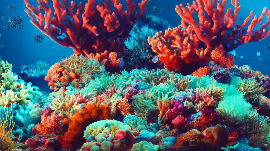 Image similar to underwater photograph of a colorful coral reef, crepuscular rays, rule of thirds, rendered in octane, rendered in vray, rendered in Arnold, insanely detailed, photorealistic, cinematic