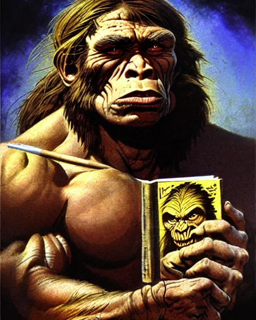 Image similar to neanderthal read science book about him, character portrait, portrait, close up, concept art, intricate details, highly detailed, in the style of frank frazetta, esteban maroto, richard corben, pepe moreno, matt howarth, stefano tamburini, tanino liberatore, luis royo and alex ebel