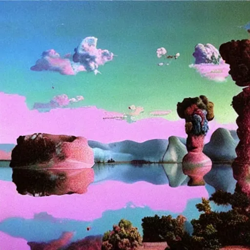 Prompt: an aesthetic vaporwave landscape by Salvador Dali, Pastel colors