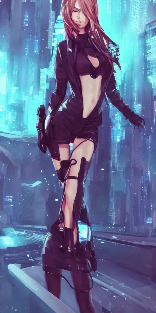 Prompt: fullbody portrait of a beautiful girl dressed in cyberpunk style, anime style, masterpiece, award - winning, artstation, pixiv