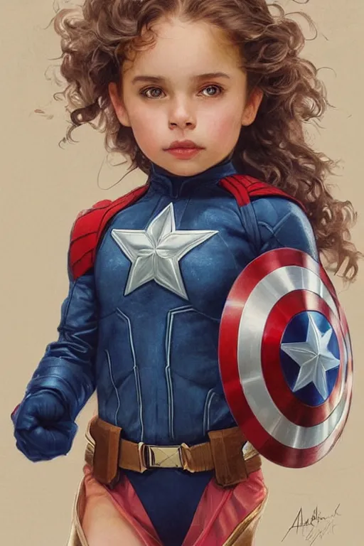 Image similar to a little girl with a michievous face and light brown curly wavy hair. she is dressed as captain america, spider - man, batman, captain marvel, a superhero. clean elegant painting, beautiful detailed face. by artgerm and greg rutkowski and alphonse mucha