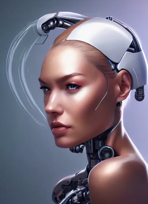 Prompt: portrait of a cyborg woman by Artgerm, (((((face turns left))))) (((face turns right+100))), eyes closed , biomechanical, hyper detailled, trending on artstation
