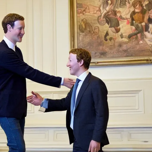 Prompt: mark zuckerberg shaking hands with a frog