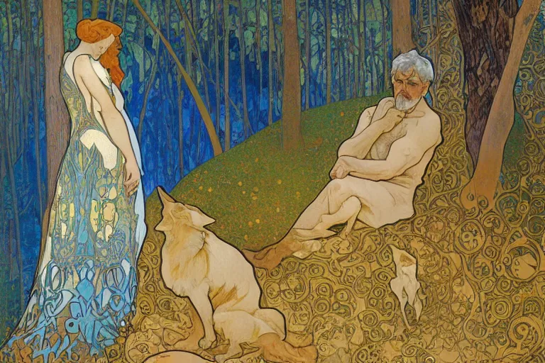 Prompt: landscape art nouveau painting of an old man and his fox in the forest, by alphonse mucha and gustav klimt and antoni gaudi, masterpiece,, warm shades of blue, silver, orange, gold, and pink, oil painting, high resolution