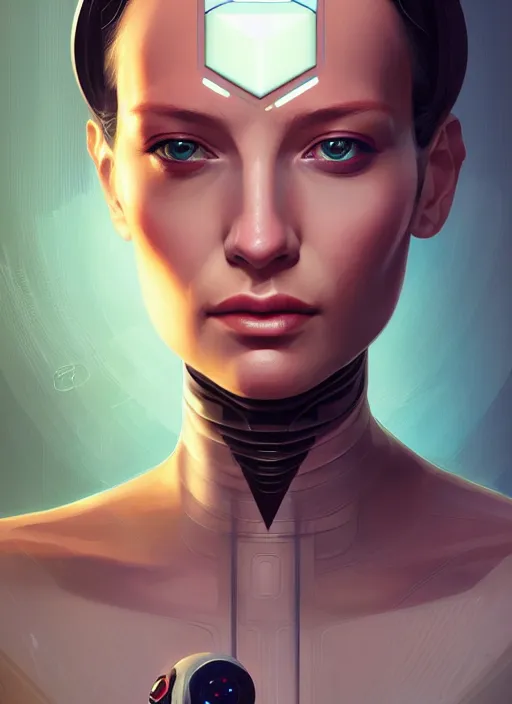 Image similar to portrait of female android, symmetry, intricate, elegant, highly detailed, smooth, sharp focus, concept art, digital painting, illustration, artstation, by fra angelico, sandra chevrier and greg ruthkowski