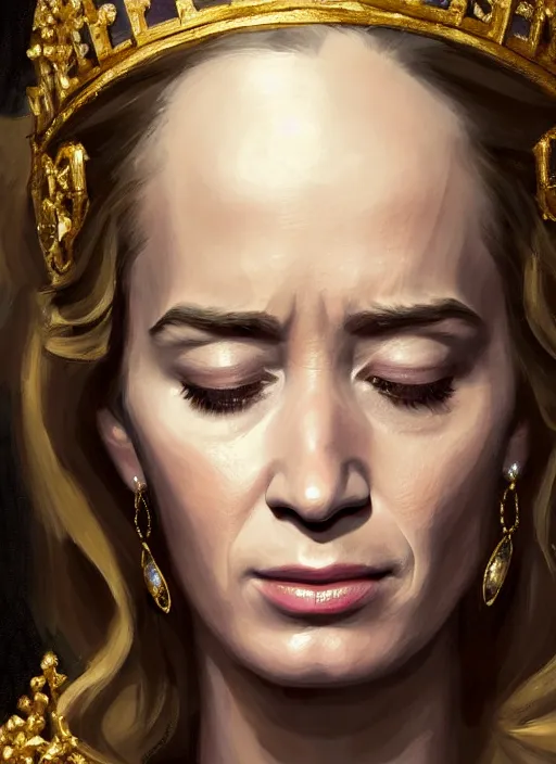 Image similar to portrait of emily blunt as queen, crying, tears, jewelry, greek, sapphire, victorian age, 1 8 9 0, intricate, headshot, key visual, conceptart, ambient lighting, highly detailed, digital painting, artstation, concept art, sharp focus, by makoto shinkai and akihiko yoshida and greg manchess