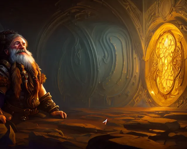 Prompt: a 4 k cinematic screenshot still portrait of a dwarf in a dark liminal space room surrounded by gold, deep focus, d & d, fantasy, intricate, elegant, highly detailed, digital painting, art station, concept art, matte, sharp focus, illustration, dark fantasy style art, hearthstone, art by artgerm and greg rutkowski and alphonse mucha