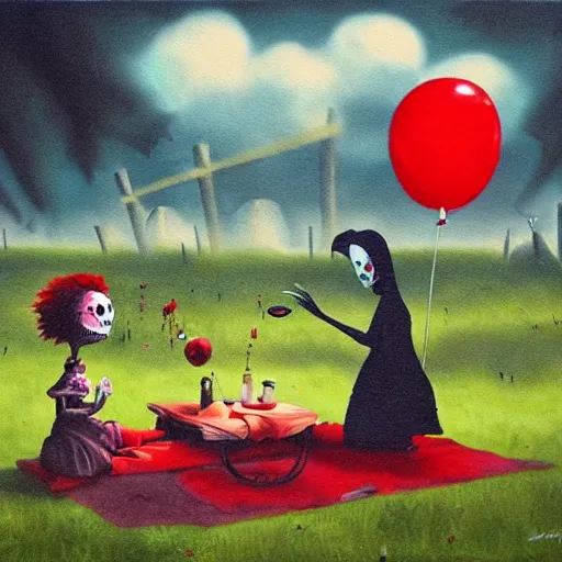 Image similar to grunge painting of a picnic with a wide smile and a red balloon by chris leib, loony toons style, pennywise style, corpse bride style, horror theme, detailed, elegant, intricate, conceptual, volumetric light