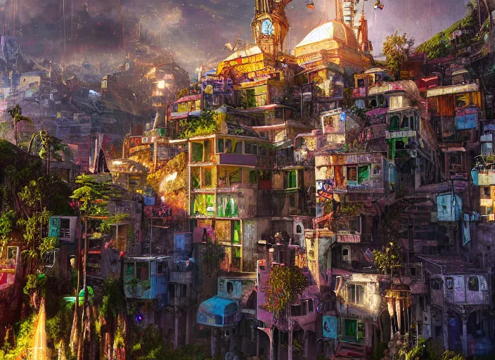 Prompt: favela fantasy cathedral, sci - fi environment, sorcery, scenery, professional, award - winning, trending on artstation, hyper detailed, realistic, beautiful, emotional, shiny, colorful, picture