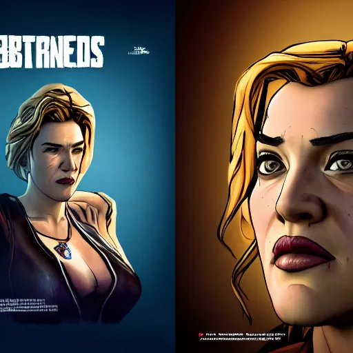 Image similar to kate winslet portrait, borderlands, tales from the borderlands, the wolf among us, comic, cinematic lighting, studio quality, 8 k