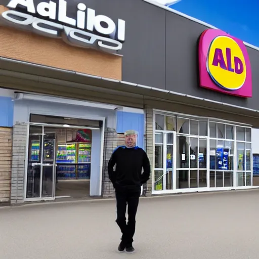 Prompt: a man terrified of entering an aldi supermarket, photo realistic