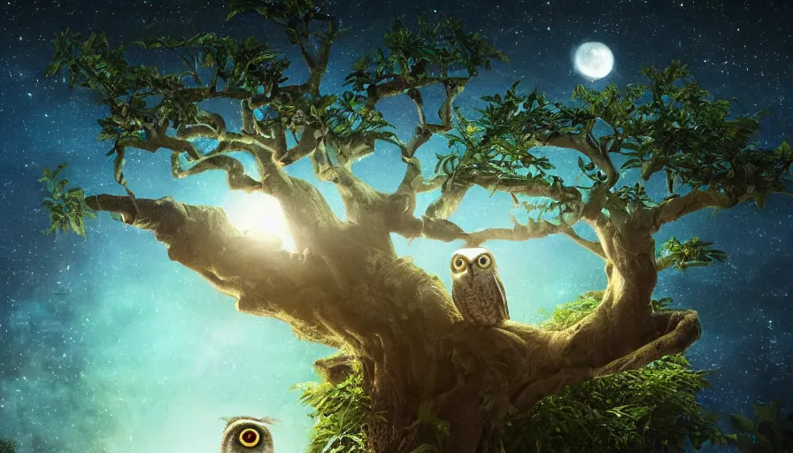 Image similar to very very small owl, sitting on a gigantic banyan tree in moonlit kerala by ilya kuvshinov, starry night, rtx rendering, octane render 1 2 8 k, maya, extreme high intricate details by tom bagshaw, medium shot, close up shot, composition by sana takeda, lighting by greg rutkowski