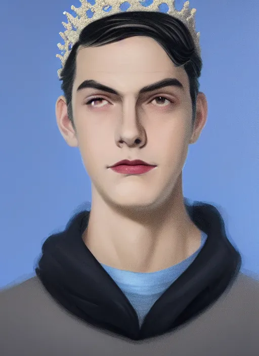 Image similar to portrait of teenage jughead jones wearing a light grey crown, crown, blue turtleneck, 1 9 5 0 s, closed eyes, photorealistic, black hair, glowing lighting, intricate, elegant, glowing lights, highly detailed, digital painting, artstation, concept art, smooth, sharp focus, illustration, art by wlop, mars ravelo and greg rutkowski