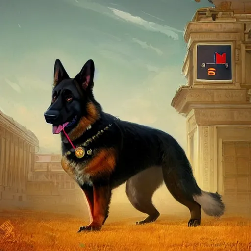 Image similar to german shepherd as supreme leader of north korea, intricate, elegant, highly detailed, digital painting, artstation, concept art, matte, illustration, hearthstone, art by artgerm and greg rutkowski and alphonse mucha, simon stalenhag, hyperreal