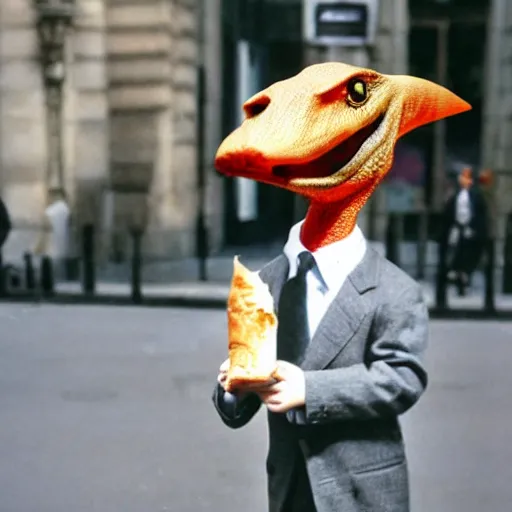 Image similar to a real photo by saul leiter of a small anthropomorphic dinosaur wearing a suit and standing in paris while holding a baguette