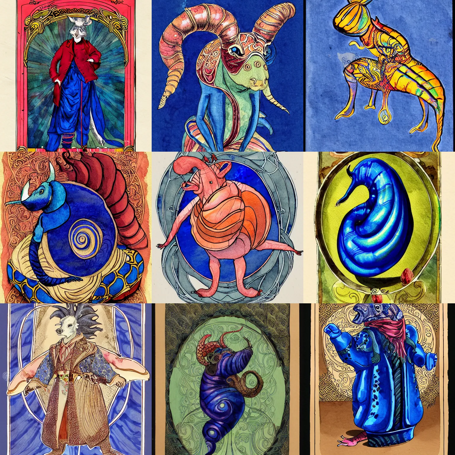 Prompt: nefarious snail - boar aristocrat creature wearing an old silk overcoat, full - length portrait, iridescent colors, art nouveau ink illustration with watercolor wash, cobalt blue and pyrrol scarlet, scarabaeidae, arches 4 4 0