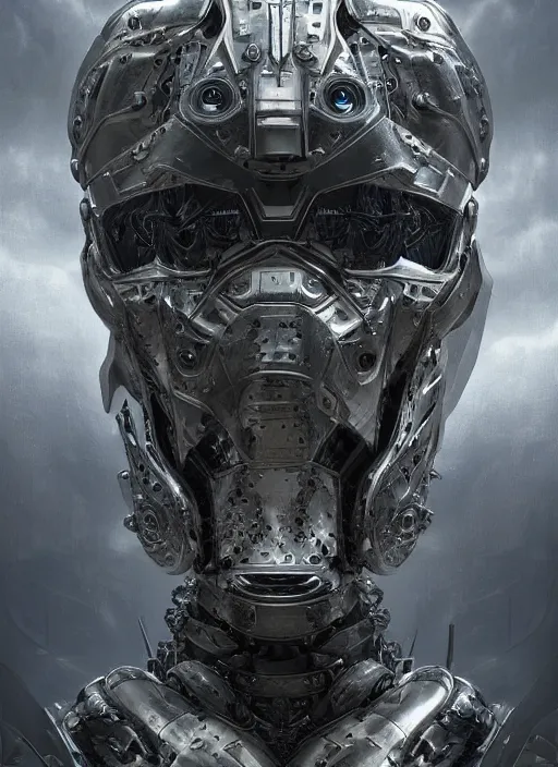 Image similar to portrait of a futuristic silver armored knight district 9 cyborg, in the style of annihilation with eyes made from fusion reactors, modern fine art, fractal, intricate, elegant, highly detailed, digital photography, subsurface scattering, by jheronimus bosch and greg rutkowski,
