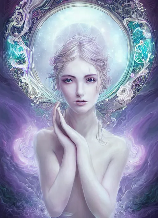 Prompt: seductive ethereal white north pole girl portrait art nouveau fantasy intricate flower designs elegant highly detailed sharp focus art by artgerm pours the water into the river soul care nature peace galaxies female black fine line fractal glow