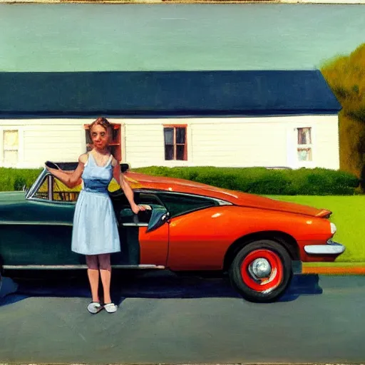 Image similar to Portrait with car, dated a woman that lived on Cooterneck Road, She had a catfish Camero and was cooler than me, by Edward Hopper and Bo Bartlett