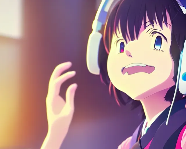 Image similar to anime fine details portrait of joyful girl in vr headset in school, bokeh. anime masterpiece by Studio Ghibli. 8k render, sharp high quality anime illustration in style of Ghibli, artstation