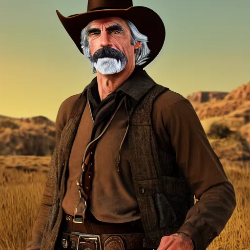 Prompt: 8k HDR hyperrealism portrait photo of Sam Elliott, in the style of Red Dead Redemption 2