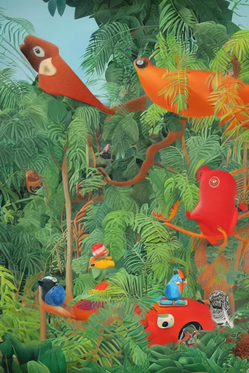 Image similar to rare bird in the jungle, highly detailed, unreal engine render concept art, style of henri rousseau and richard scarry and hiroshi yoshida