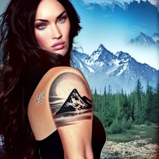 Prompt: double exposure tattoo of megan fox with beautiful mountain scenery, hyper - realistic, in the style of den yakovelev, amazing detail, sharp