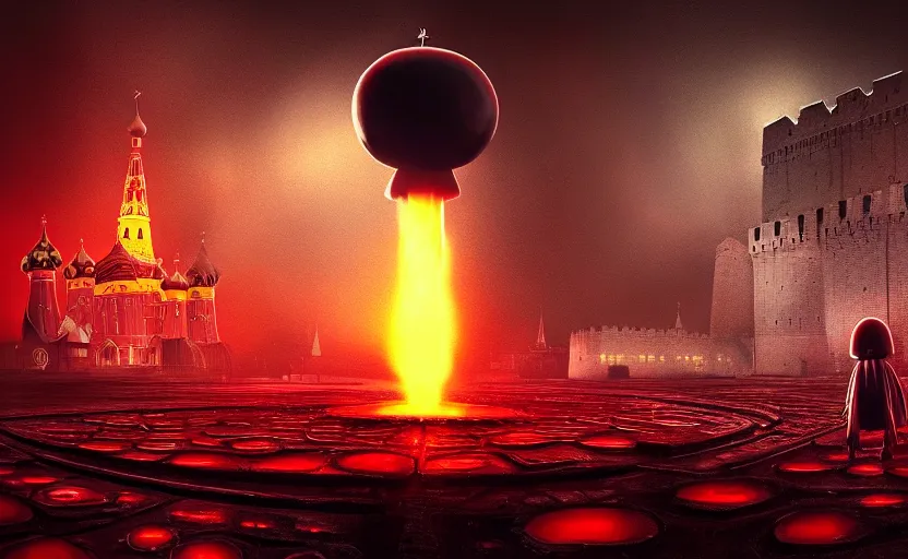 Prompt: nuclear explosion with nuclear mushroom in Red Square Kremlin, intricate, dark atmosphere, cinematic shot, extremely high detail, photo realistic, cinematic lighting, post processed, artstation, matte painting, smooth, sharp focus, illustration, elegant, fantasy