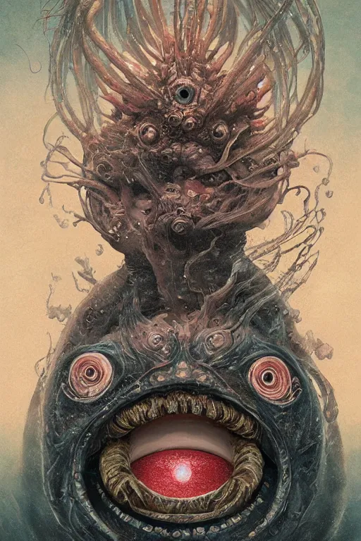 Image similar to a portrait of a deep sea japanese devil animal with big eye illustrated by miyazaki by karol bak, james jean, tom bagshaw, rococo, sharp focus, trending on artstation, cinematic lighting, hyper realism, octane render, 8 k, hyper detailed, vivid, ultra detailed, highly detailed