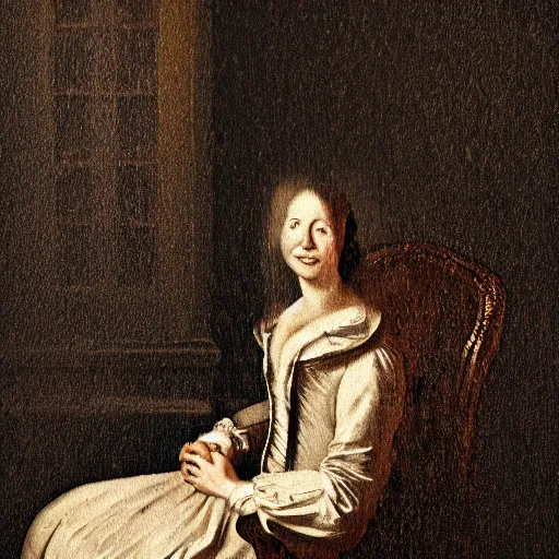 Image similar to a woman sitting on a chair inside of a dark, foreboding room, a dark figure ’ s face is depicted behind, 1 7 0 0 s oil painting in a trypophobia style, dark art, vignette, bloom effect, cgsociety, artstation, 4 k, 8 k