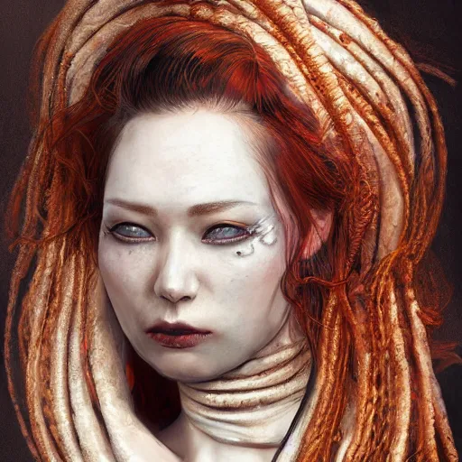 Image similar to portrait of a Shibari rope wrapped face and neck, headshot, insanely nice professional hair style, dramatic hair color, smoke in hair, digital painting, of a old 13th century, traveler, amber jewels, baroque, ornate clothing, scifi, realistic, hyperdetailed, chiaroscuro, concept art, art by Franz Hals and Jon Foster and Ayami Kojima and Amano and Karol Bak,