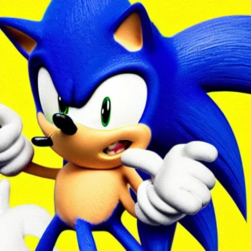 Image similar to Oops, Sonic the Hedgehog ate too much Mac\'n\'Cheese! He might explode! Run!