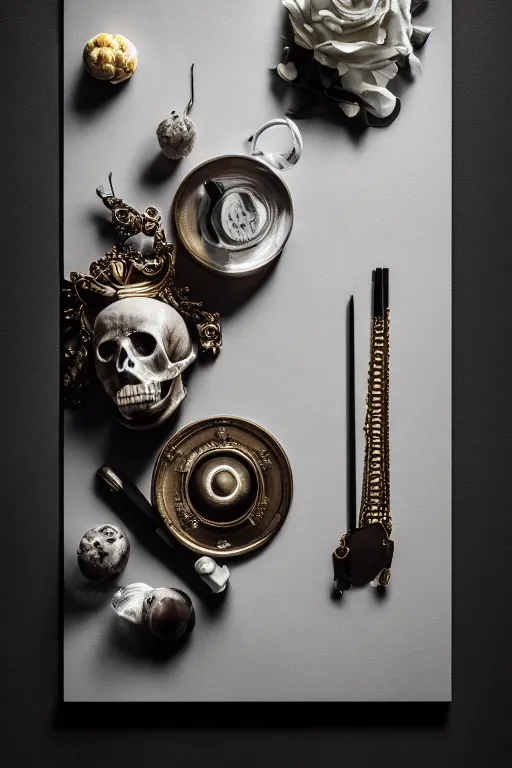 Prompt: still life, by peter class, memento mori, vanitas, symmetry, cinematic, elegant, luxury, professional studio light, perfect composition, dlsr photography, full frame, hasselblad x 1 d sharp focus, 8 k, ultra hd, sense of awe, highly detailed, hyper realistic, intricate, fine arts journal cover