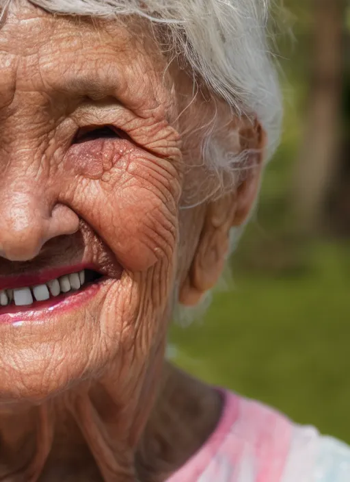 Image similar to old lady smiling remembering her youth, portrait, close up, IMAX, 8k