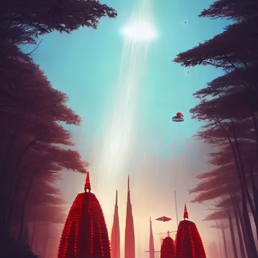 Image similar to red futuristic temple between giant trees, shooting stars, dramatic lighting, artstation, matte painting, raphael lacoste, simon stalenhag, frank lloyd wright